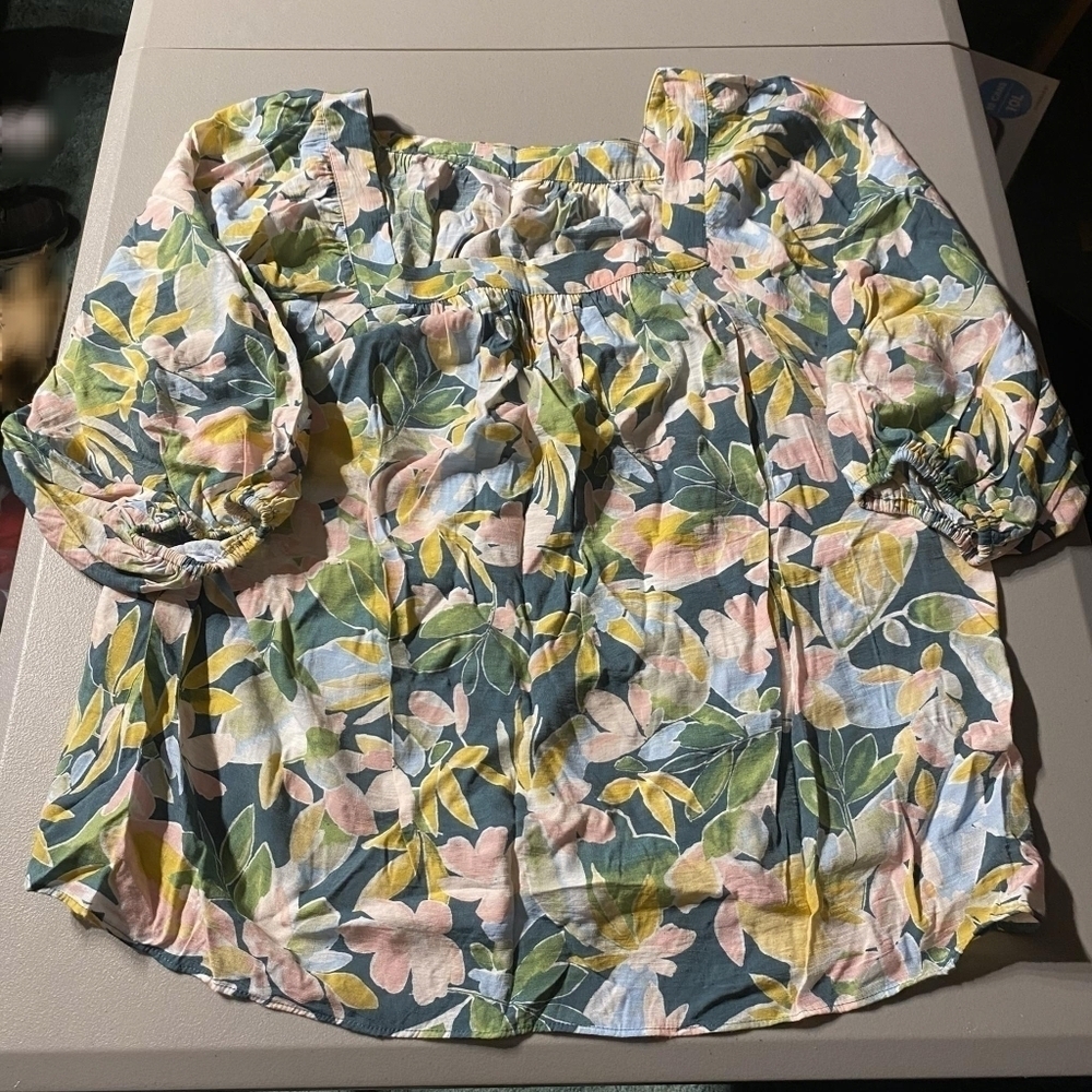Lauren Conrad Green Yellow Pink Floral Top Square Neck Tie Sleeves Women’s XL